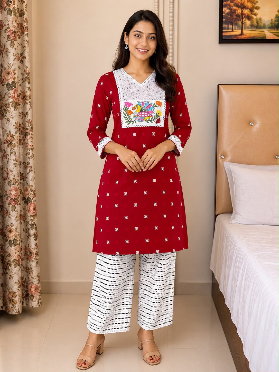 Handcrafted Bird Motif Embroidered Straight Kurti for Women