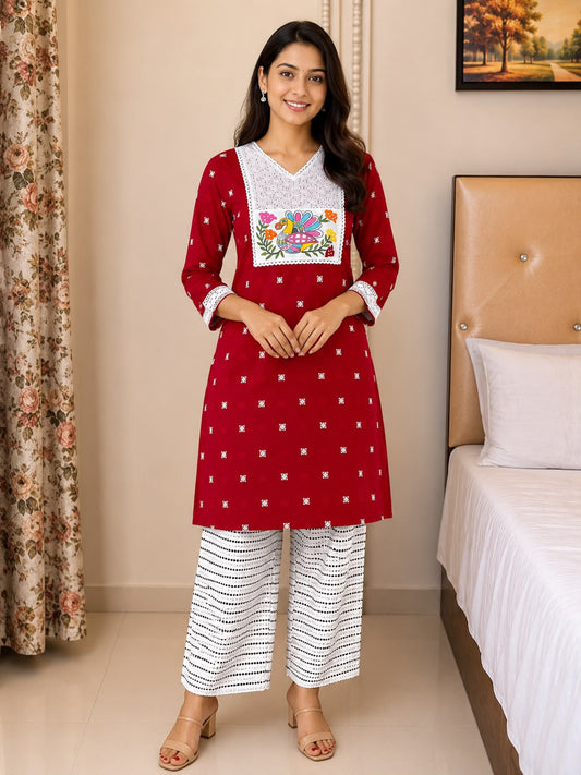 Handcrafted Bird Motif Embroidered Straight Kurti for Women