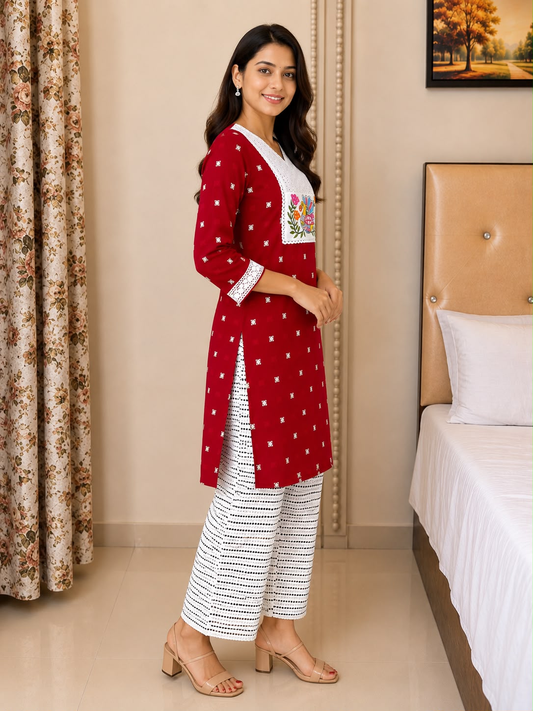 Handcrafted Bird Motif Embroidered Straight Kurti for Women