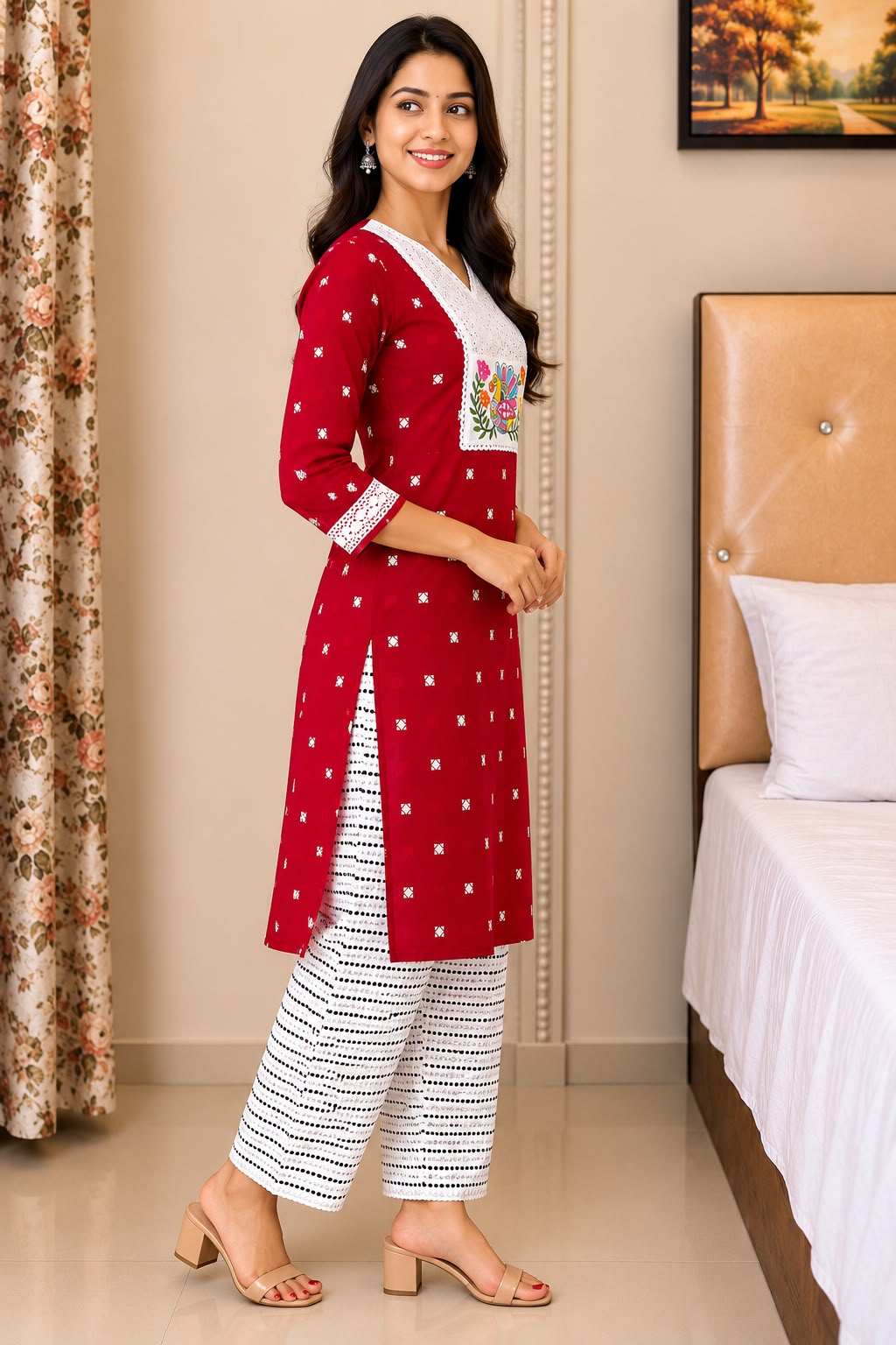 Handcrafted Bird Motif Embroidered Straight Kurti for Women