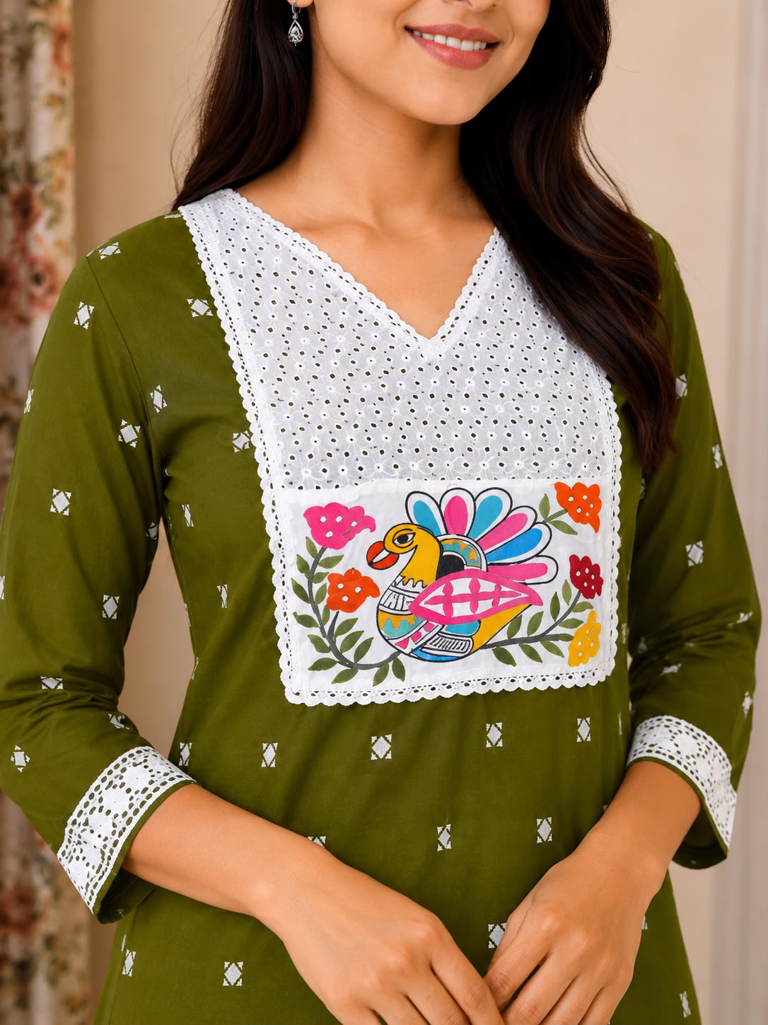 Handcrafted Bird Motif Embroidered Straight Kurti for Women