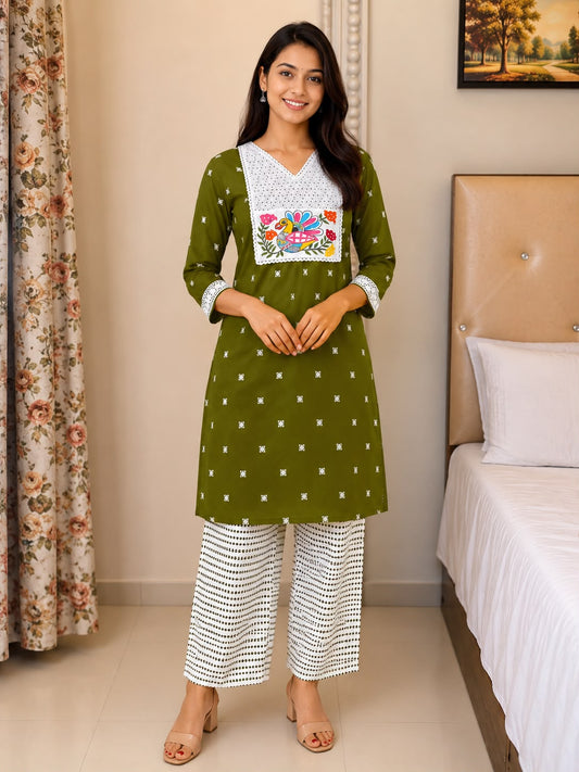 Handcrafted Bird Motif Embroidered Straight Kurti for Women