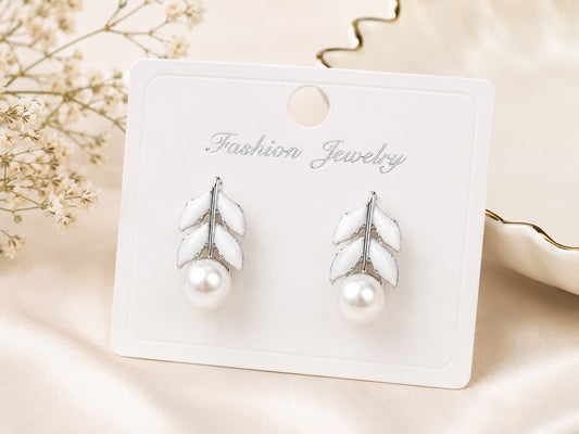 Elegant Leaf Pearl Drop Stud Earrings for Women | Silver Plated White Enamel Pearl Earrings | Lightweight Fashion Jewelry