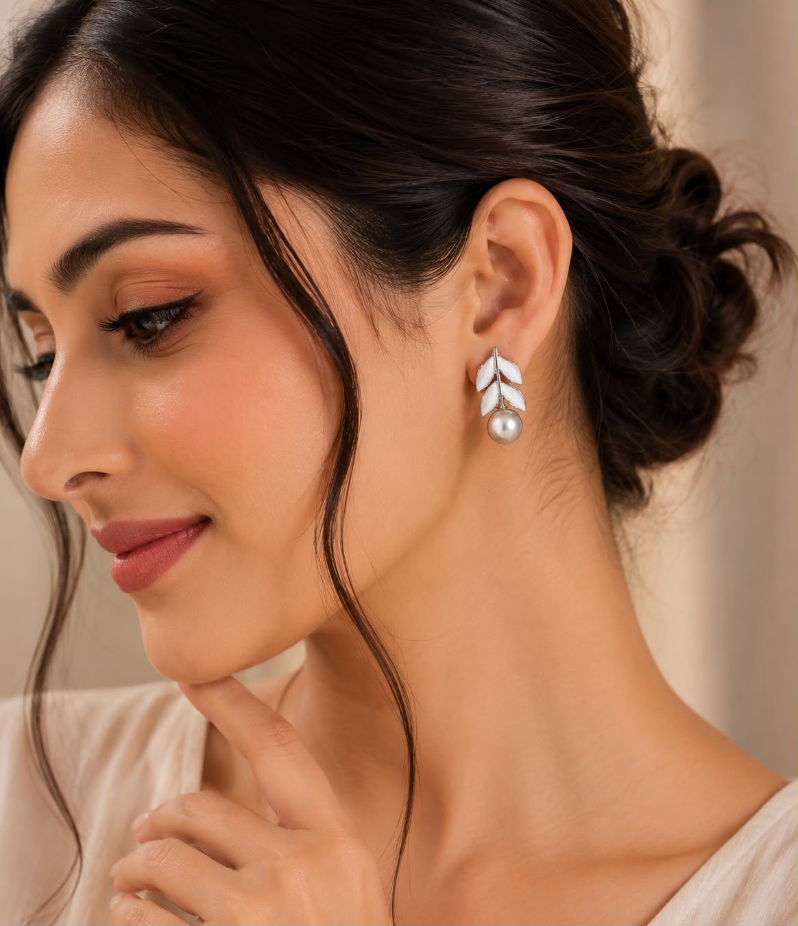 Elegant Leaf Pearl Drop Stud Earrings for Women | Silver Plated White Enamel Pearl Earrings | Lightweight Fashion Jewelry