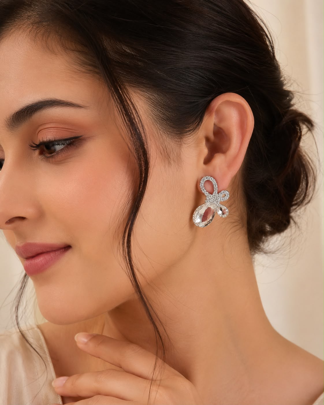 Silver Plated Crystal Bow Drop Stud Earrings for Women | Clear Teardrop Stone Party Earrings | Elegant Lightweight Fashion Jewelry