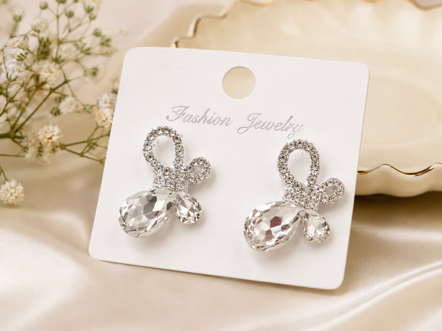 Silver Plated Crystal Bow Drop Stud Earrings for Women | Clear Teardrop Stone Party Earrings | Elegant Lightweight Fashion Jewelry