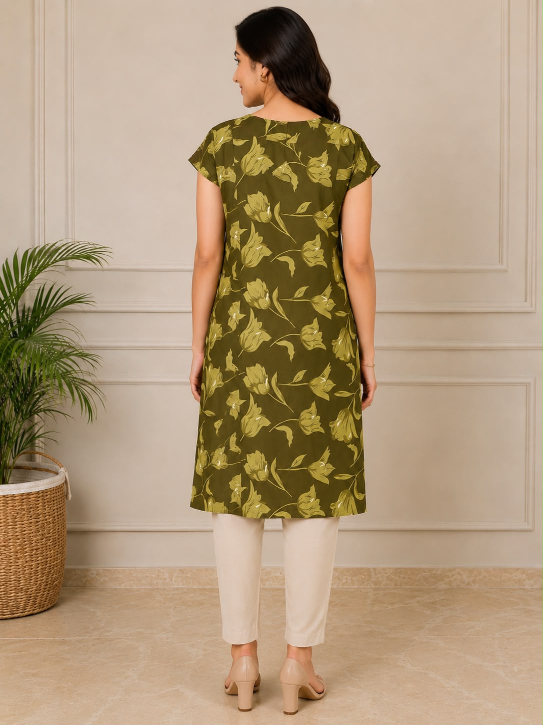Women's Maroon Floral Printed Straight Kurti | Round Neck | Short Sleeves