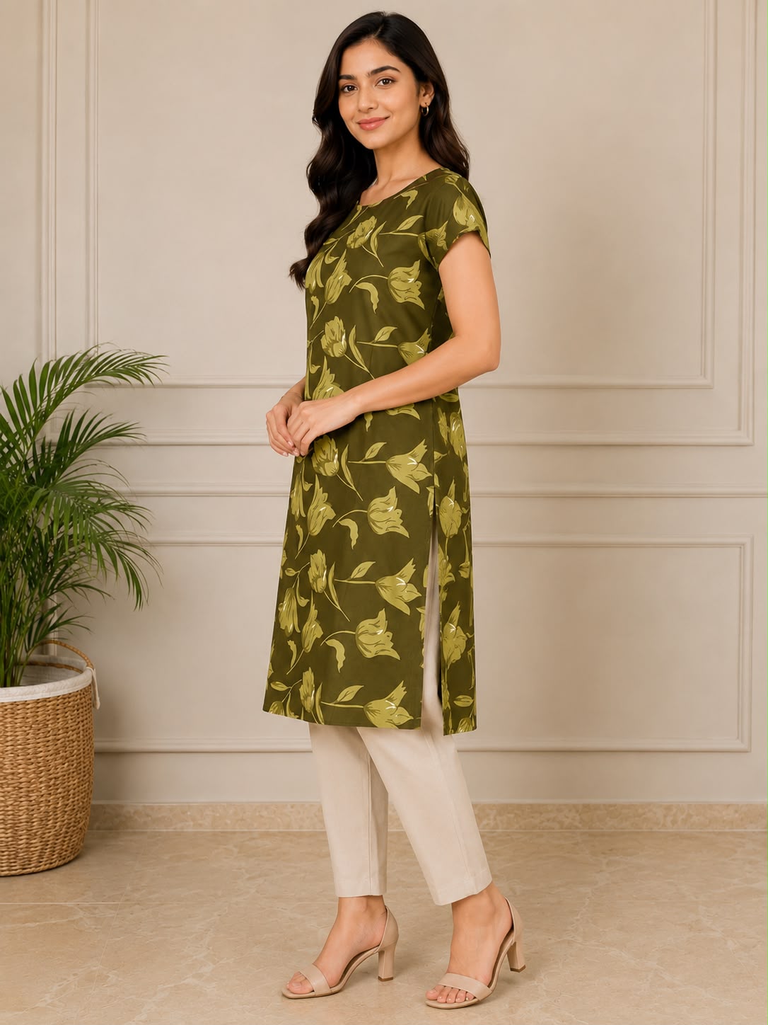 Women's Maroon Floral Printed Straight Kurti | Round Neck | Short Sleeves