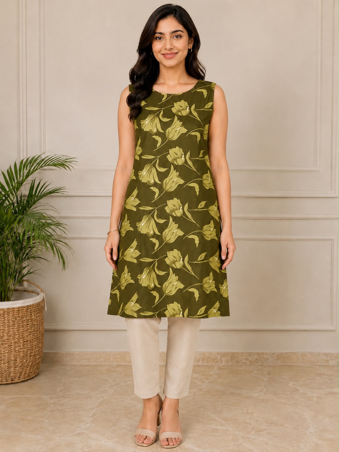 Women's Maroon Floral Printed Straight Kurti | Round Neck | Short Sleeves