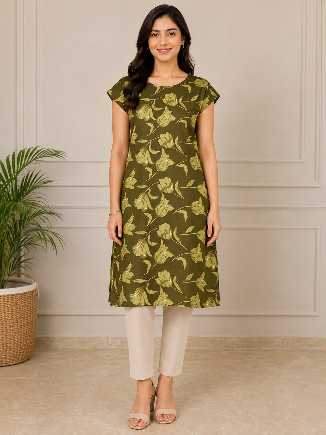 Women's Maroon Floral Printed Straight Kurti | Round Neck | Short Sleeves