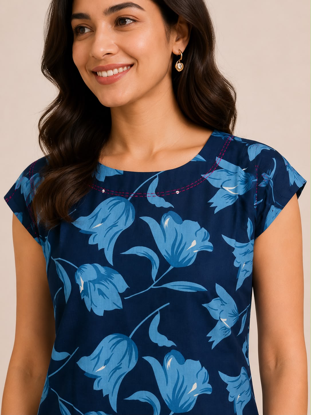 Women's Maroon Floral Printed Straight Kurti | Round Neck | Short Sleeves