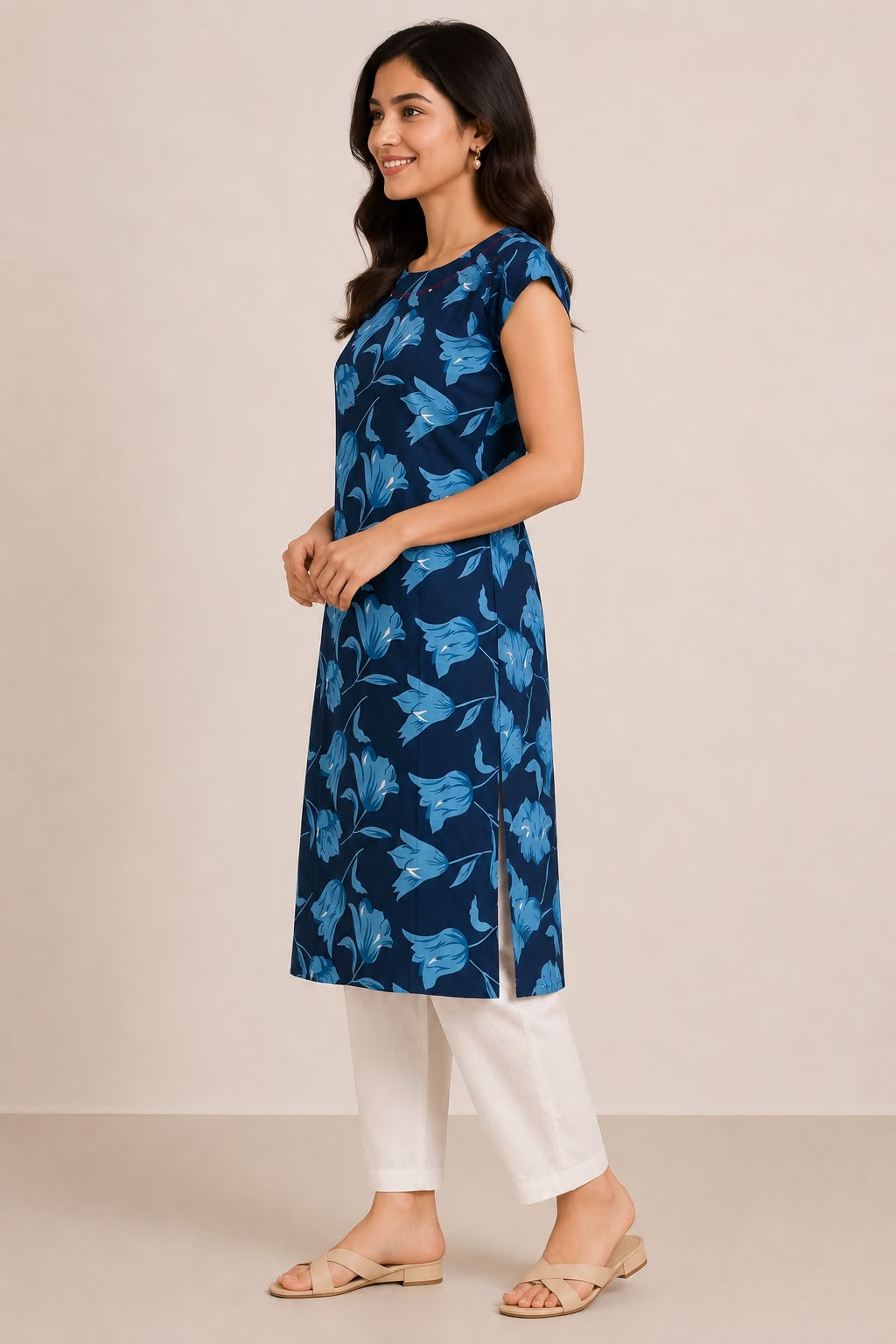 Women's Maroon Floral Printed Straight Kurti | Round Neck | Short Sleeves