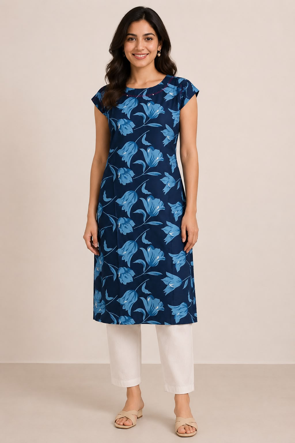 Women's Maroon Floral Printed Straight Kurti | Round Neck | Short Sleeves