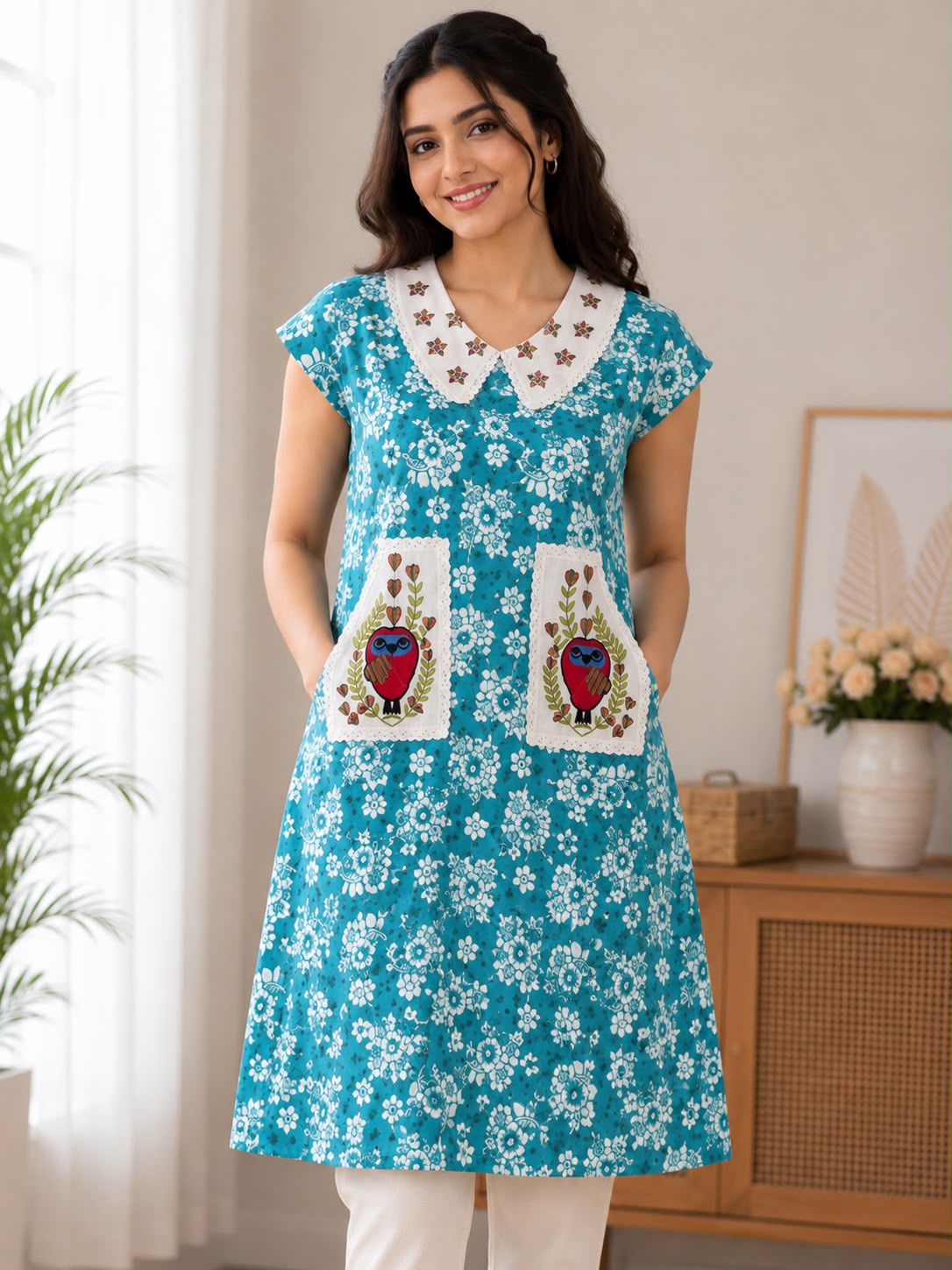 Women's Floral Printed Cotton Nighty with Embroidered Peter Pan Collar (Baby Collar) & Dual Owl Patch Pockets | Soft Cotton Home Wear | 4 Color Variants | XL