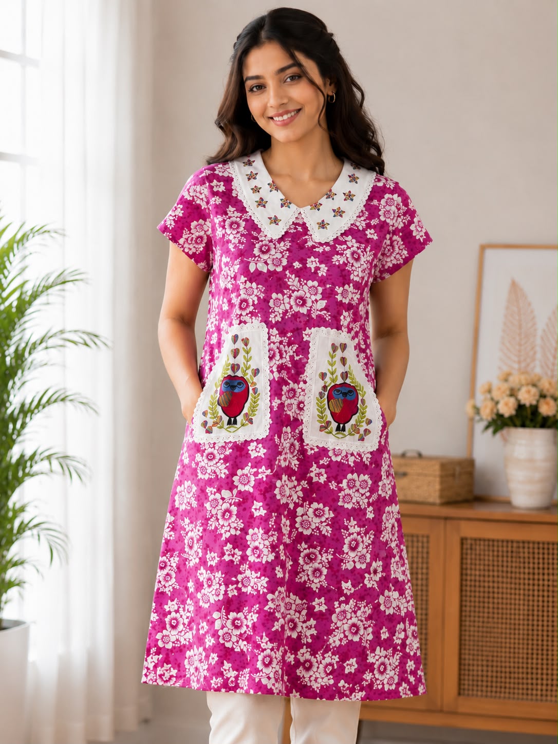 Women's Floral Printed Cotton Nighty with Embroidered Peter Pan Collar (Baby Collar) & Dual Owl Patch Pockets | Soft Cotton Home Wear | 4 Color Variants | XL