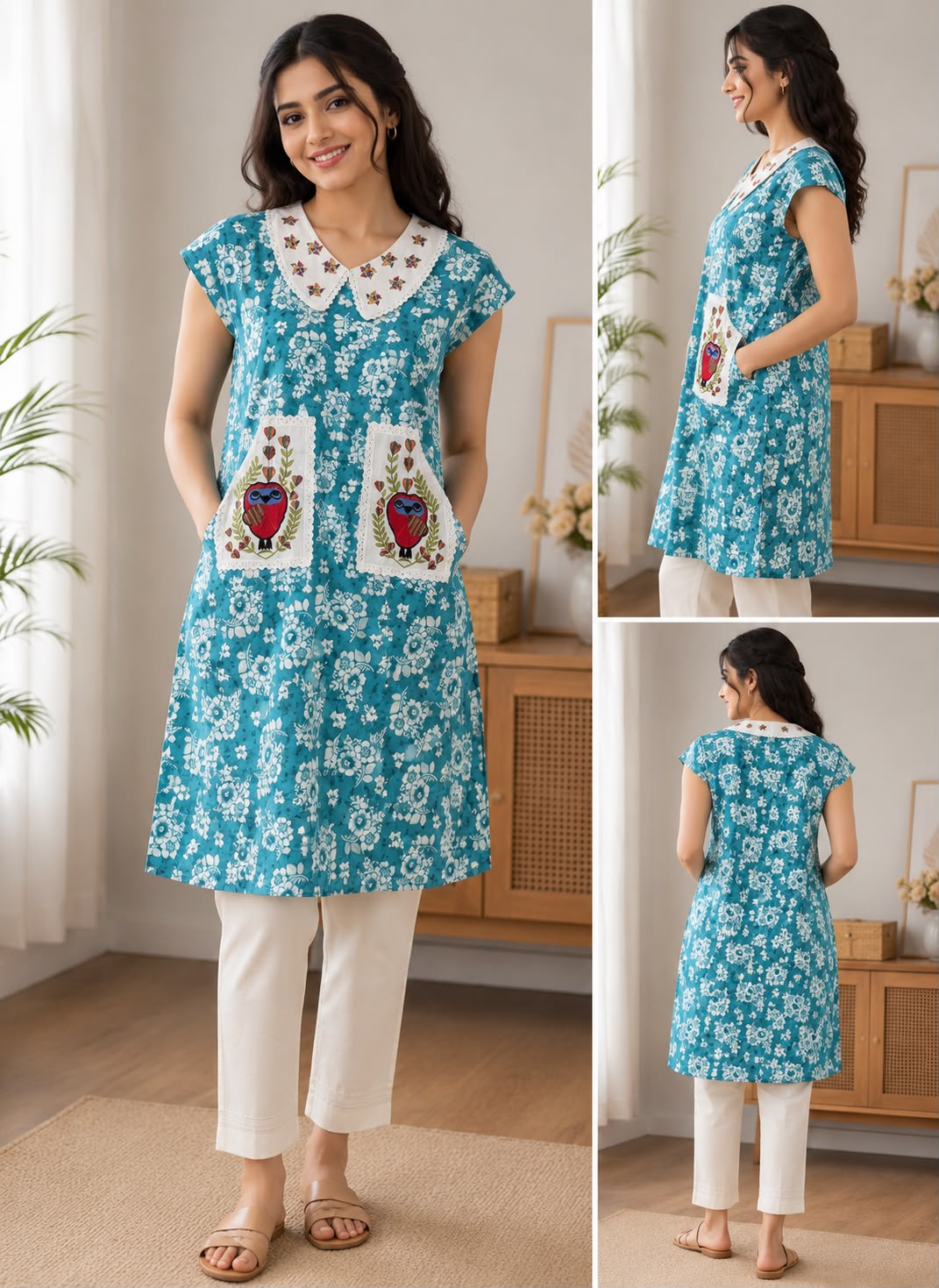 Women's Floral Printed Cotton Nighty with Embroidered Peter Pan Collar (Baby Collar) & Dual Owl Patch Pockets | Soft Cotton Home Wear | 4 Color Variants | XL