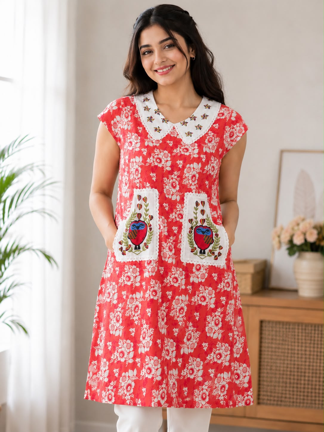 Women's Floral Printed Cotton Nighty with Embroidered Peter Pan Collar (Baby Collar) & Dual Owl Patch Pockets | Soft Cotton Home Wear | 4 Color Variants | XL